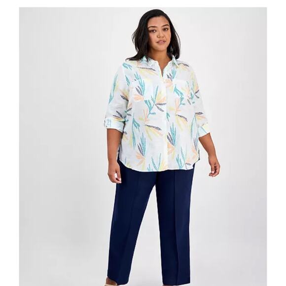 Charter Club Luxury 100% Linen Tropical Print Button Down Blouse Size XL - Picture 7 of 7